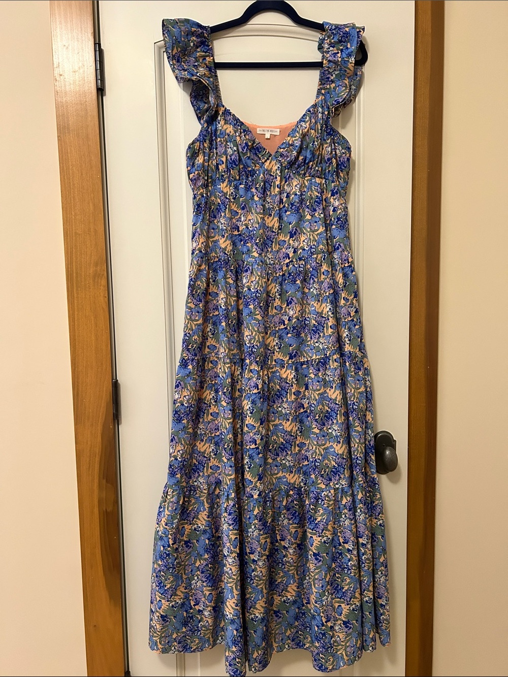Free the Roses Blue and Tan Floral Ruffle Maxi Dress